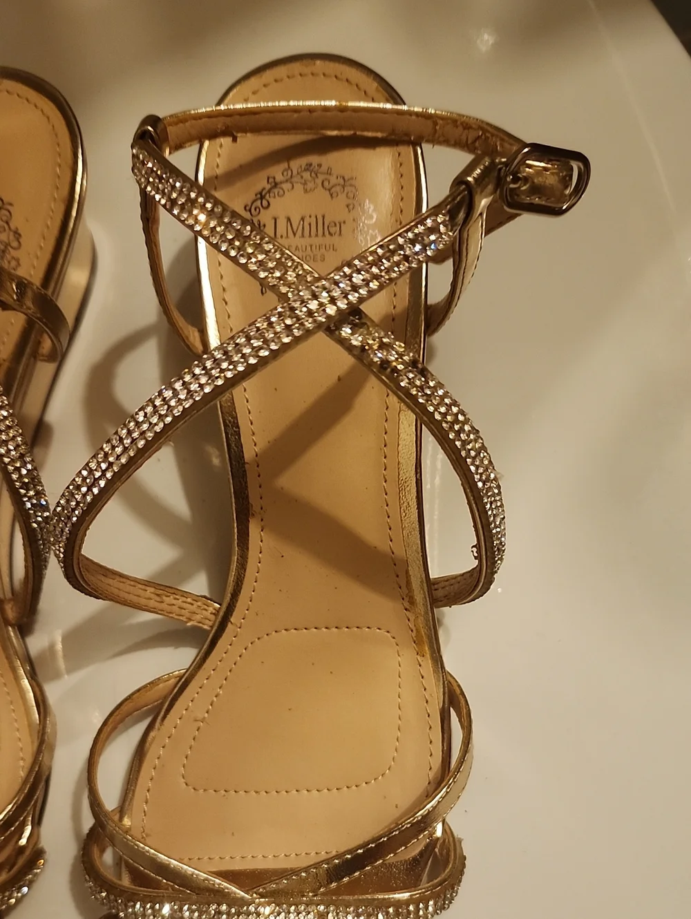 Gold Crystal-Strap Women's Heeled Sandals